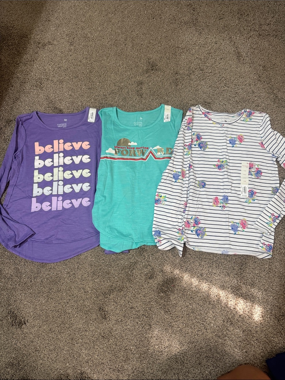NWT Bundle of 3 Girls' Long Sleeve Tops - Purple, Teal & White Floral Stripes